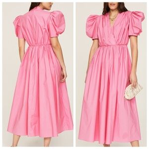 ARIAS Pink Poplin Gathered Shoulder Midi Puff Sleeve Dress - Size 0